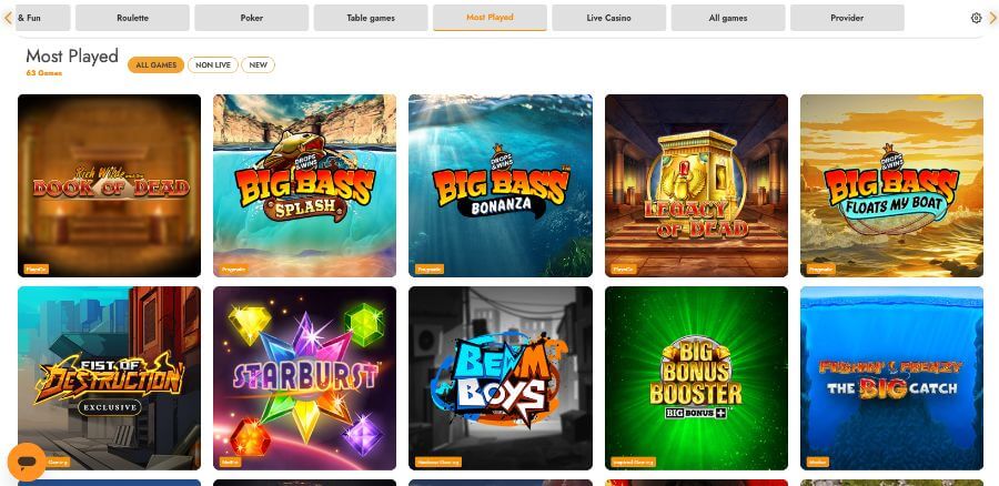 Selection of most played games at Casimba Casino, including Book of Dead, Big Bass Splash, and Starburst.