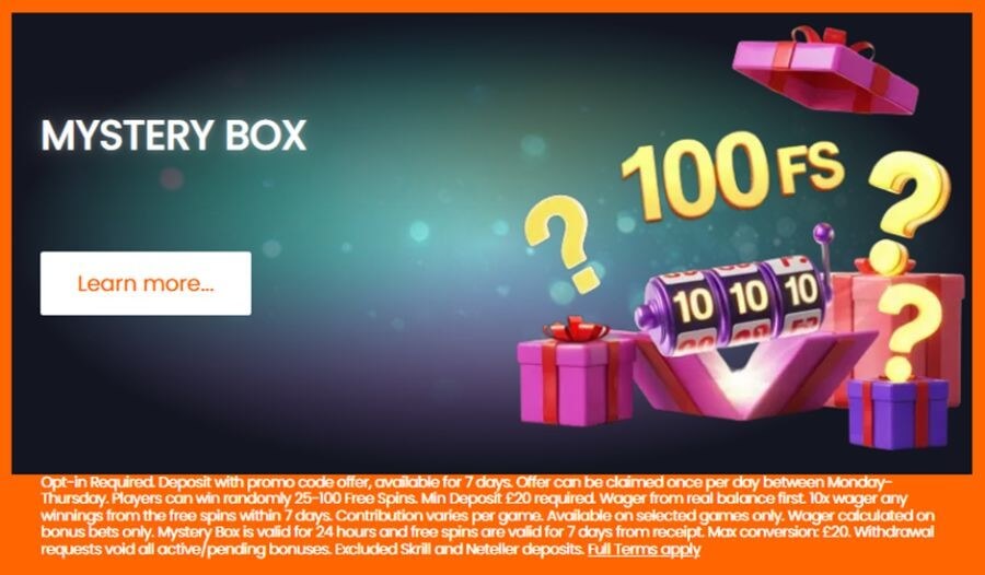 Casino promotion banner: "Mystery Box" with a "Learn more..." button. The visual displays multiple pink gift boxes opening up to reveal a slot machine reel showing "10 10 10", gold question marks, and text reading "100 FS". This targets search intent for "daily casino promo codes UK," "100 free spins slot bonus," and "best casino retention offers."