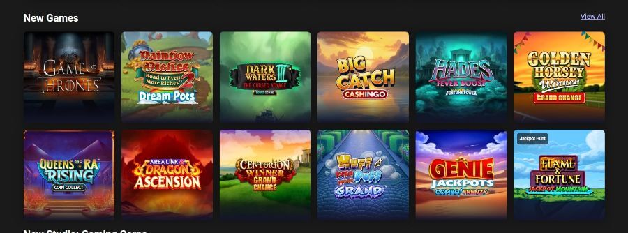 New online casino games at Grosvenor Casino featuring titles like Game of Thrones, Rainbow Riches, and Genie Jackpots.