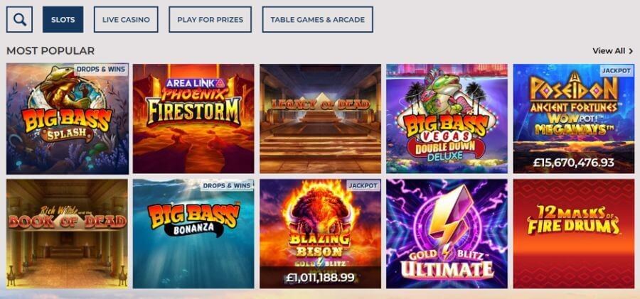 An online casino games grid displaying the "Most Popular" slots lobby category menu. The layout features ten premium video slot selection tiles, including Pragmatic Play's Big Bass Splash and Big Bass Bonanza (both featuring a "Drops & Wins" overlay tag); Games Global's Area Link Phoenix Firestorm; Play'n GO's Legacy of Dead and Rich Wilde and the Book of Dead; Big Bass Vegas Double Down Deluxe; Ancient Fortunes Poseidon WonPot! Megaways showcasing a live network progressive jackpot ticker of £15,670,476.93; Blazing Bison Gold Blitz tracking a live jackpot pool of £1,011,188.99; Gold Blitz Ultimate; and 12 Masks of Fire Drums.