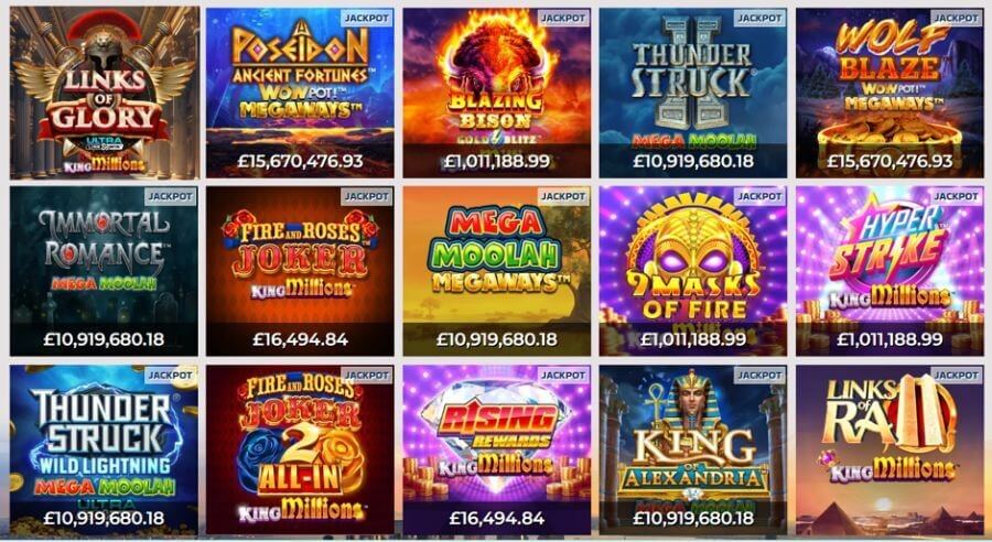 A 15-tile online casino game grid showcasing top progressive jackpot slots categorized under global prize networks. Featured titles include Links of Glory Ultra Link&Win King Millions, Ancient Fortunes Poseidon WonPot! Megaways (£15,670,476.93), Blazing Bison Gold Blitz (£1,011,188.99), Thunderstruck II Mega Moolah (£10,919,680.18), Wolf Blaze WowPot! Megaways (£15,670,476.93), Immortal Romance Mega Moolah (£10,919,680.18), Fire and Roses Joker King Millions (£16,494.84), Mega Moolah Megaways (£10,919,680.18), 9 Masks of Fire King Millions (£1,011,188.99), Hyper Strike King Millions (£1,011,188.99), Thunderstruck Wild Lightning Mega Moolah Ultra (£10,919,680.18), Fire and Roses Joker 2 All-In King Millions, Rising Rewards King Millions (£16,494.84), King of Alexandria Mega Moolah (£10,919,680.18), and Links of Ra II King Millions