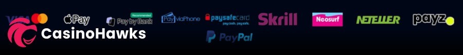 A horizontal footer banner displaying accepted online casino payment method logos on a dark blue gradient background. From left to right, the payment gateways include Visa and Mastercard debit cards, Apple Pay, Pay by Bank (marked with a green "Recommended" tag), Pay viaPhone, paysafecard, PayPal (positioned directly below paysafecard), Skrill, Neosurf, Neteller, and Payz. A white "CasinoHawks" affiliate watermark logo is visible on the far left. T