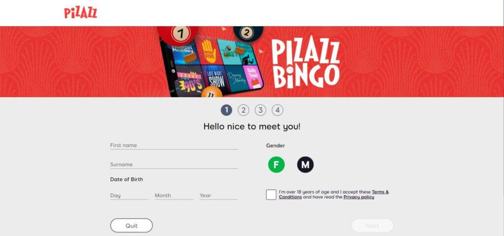 Pizazz Bingo sign up 1