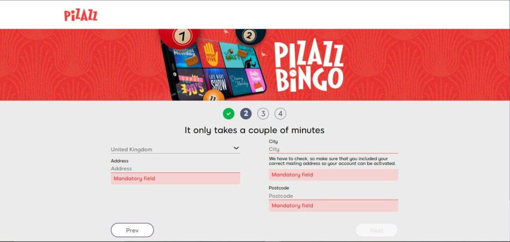 Pizazz Bingo sign up 2