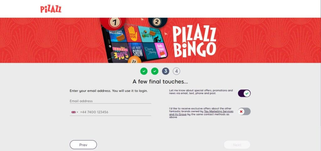 Pizazz Bingo sign up 3