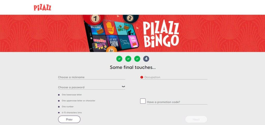 Pizazz Bingo sign up 4