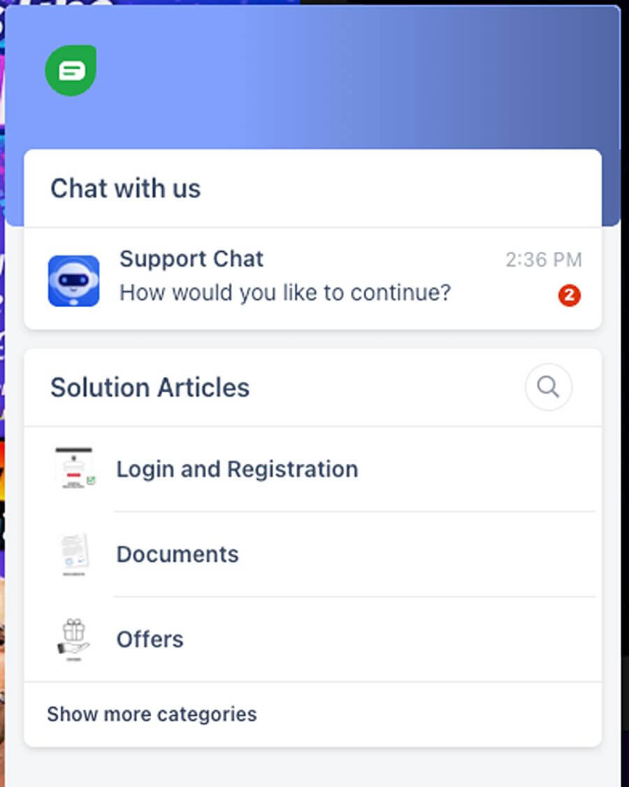 PlayOJO UK customer support interface featuring a live chat option and a help center with solution articles. The support menu covers login, registration, document verification, and casino offers for British players