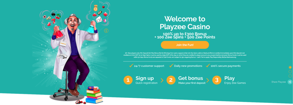 100 Spins + £300 Bonus at Playzee