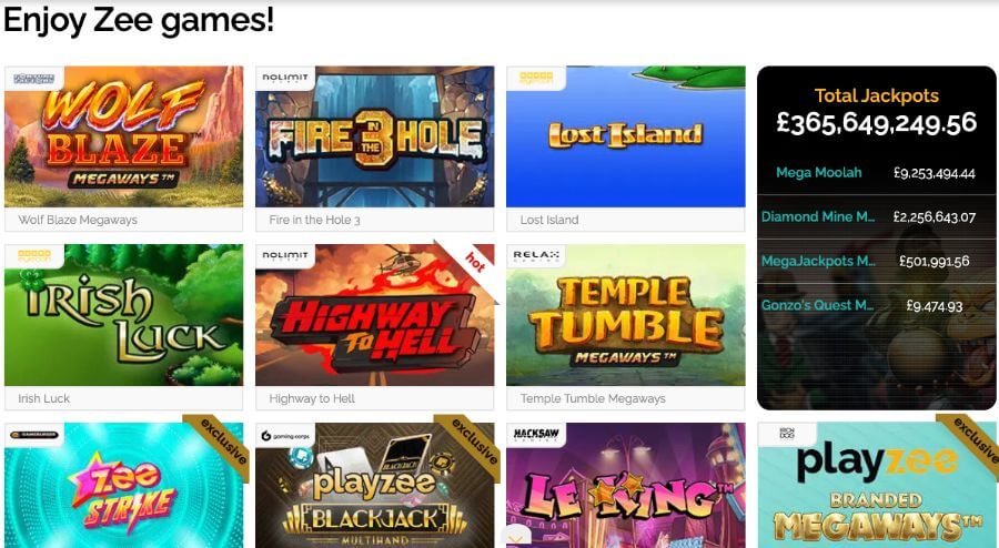 PlayZee Casino UK game lobby showcasing popular slots like Wolf Blaze Megaways and Fire in the Hole 3. A sidebar displays a massive total jackpot counter exceeding £365 million, featuring specific prize pools for Mega Moolah and Diamond Mine Megaways
