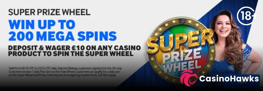 A white and blue promotional casino banner featuring prominent text on the left reading "SUPER PRIZE WHEEL - WIN UP TO 200 MEGA SPINS - DEPOSIT & WAGER £10 ON ANY CASINO PRODUCT TO SPIN THE SUPER WHEEL". On the right, a gold-bordered wheel with sparkling gold lettering reading "SUPER PRIZE WHEEL" stands beside a smiling woman with long wavy hair in a sparkling blue dress. Fine-print footer terms state "Valid from 00:10 UTC to 23:55 UTC daily. Selected Betway customers registered in the UK only... Full T&Cs apply". An 18+ age restriction badge rests in the top right corner, and the Casino Hawks pink lion co-branding logo sits in the bottom right corner.