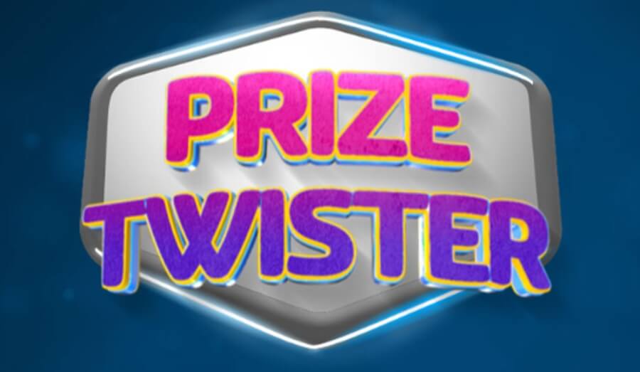 Promotional logo graphic for the Prize Twister casino reward game, set against a dark blue background. The design features a glowing silver hexagonal shield emblem with bold 3D text reading "PRIZE" in bright pink-yellow and "TWISTER" in purple-yellow.