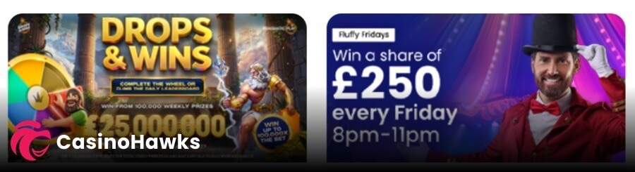 Side-by-side online casino promotion banners under a dark overlay. The left card displays Pragmatic Play’s Drops & Wins campaign set against an ancient Greek mythological backdrop, featuring Zeus holding a lightning trident and a character spinning a prize wheel. Text reads "Drops & Wins | Complete the wheel or climb the daily leaderboard | Win from 100,000 weekly prizes | £25,000,000". The right card displays a Fluffy Fridays promotion against a purple theater stage curtain, featuring a smiling male showman host in a red tuxedo jacket and black top hat. Text reads "Fluffy Fridays | Win a share of £250 every Friday 8pm–11pm". A pink and white "CasinoHawks" affiliate watermark sits in the bottom left corner.