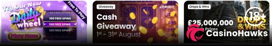 A horizontal row displaying three online casino promotional campaign banners. On the left, a purple banner reads "Try Our New Daily wheel Free To Play" with a "Play Now" button and free spin prize tiers (up to 150 free spins). In the middle, a dark red Playtech banner labeled "Giveaway" advertises a "Cash Giveaway" running "1st – 31st August" with falling gold coins. On the right, a Pragmatic Play "Drops & Wins" banner showcases a £25,000,000 cash prize pool with an 18+ age restriction badge and the Casino Hawks pink lion co-branding logo.