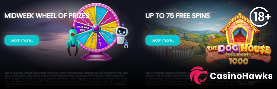 A side-by-side pair of online casino promotion cards on a dark background. The left card titled "MIDWEEK WHEEL OF PRIZES" shows a colorful prize wheel with free spin values up to 500 alongside a green rocket and a white robot mascot, above a teal "Learn more..." CTA button. The right card titled "UP TO 75 FREE SPINS" displays a teal "Learn more..." button alongside a scenic countryside illustration featuring Pragmatic Play's The Dog House Megaways 1000 slot logo and dog house mascot. An 18+ age restriction badge sits in the top right corner, and the Casino Hawks pink lion co-branding logo rests in the bottom right corner.