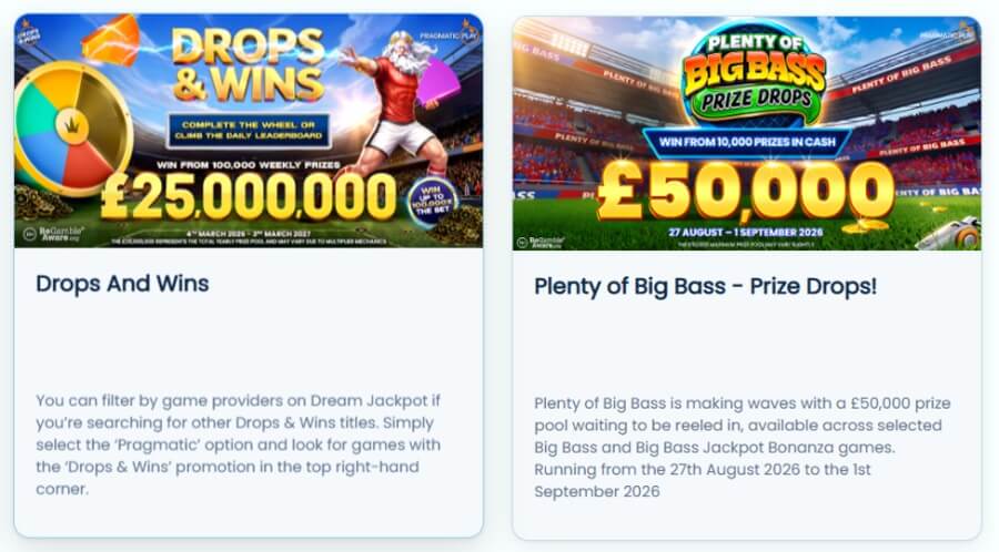 Two promotional casino offer cards on white backgrounds detailing Pragmatic Play network promotions. The left card titled "Drops And Wins" features a hero graphic showing Zeus alongside a colorful prize wheel and gold coins, advertising "WIN FROM 100,000 WEEKLY PRIZES £25,000,000" running 4th March 2026 to 3rd March 2027. The right card titled "Plenty of Big Bass - Prize Drops!" displays a stadium background banner advertising a £50,000 prize pool running 27 August to 1 September 2026 across Big Bass and Big Bass Jackpot Bonanza slots. Both feature BeGambleAware.org logos.