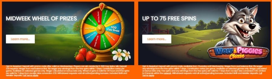 Promotional banner featuring two UK casino offers: "Midweek Wheel of Prizes" with a colourful bonus wheel next to fresh strawberries, and "Up to 75 Free Spins" on the slot game Wolf & Piggies Chase featuring a cartoon wolf. This targets search terms for "midweek casino promo codes," "free slot spins UK," and "Wolf and Piggies Chase slot review."