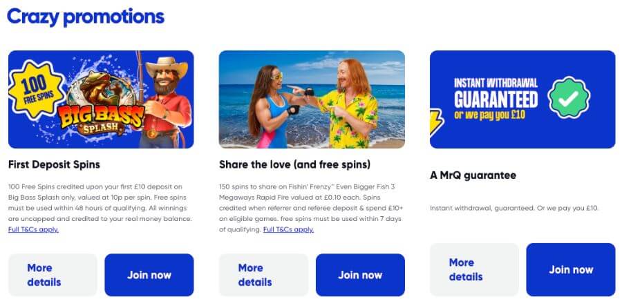 Overview of MrQ Casino promotions including 100 free spins on Big Bass Splash, Refer a Friend bonus, and instant withdrawal guarantee