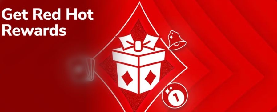 Promotional banner for a UK online casino featuring the headline "Get Red Hot Rewards." The graphic showcases a white gift box with a bow, a bell icon, and a bingo ball numbered "1" inside a red diamond frame.