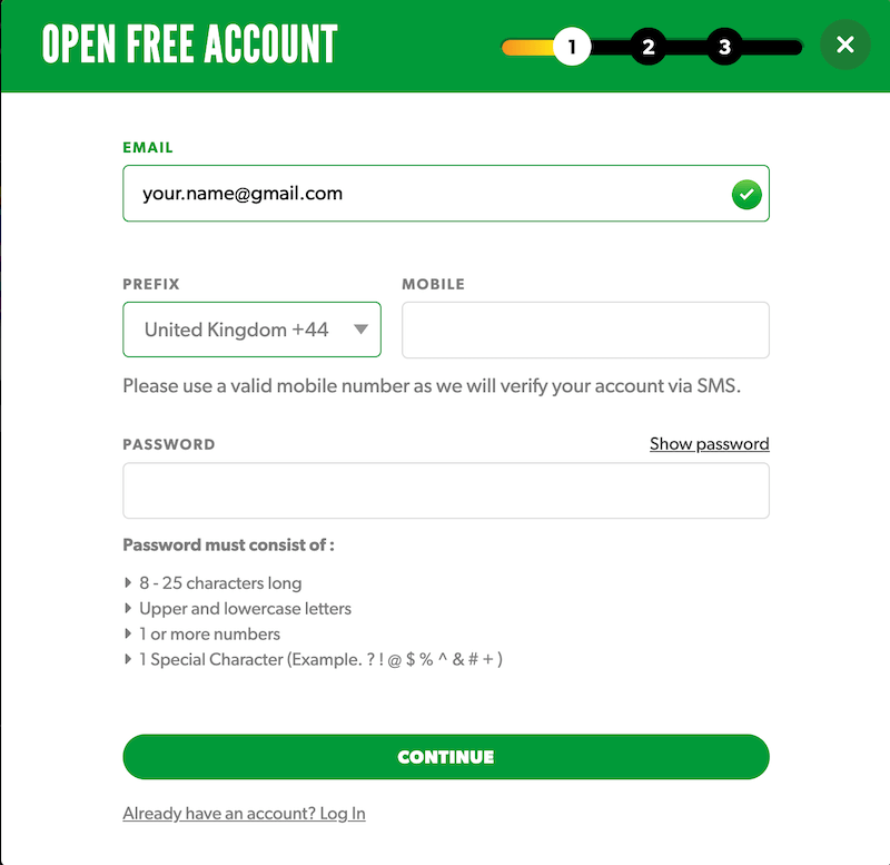 Rizk - register a player account