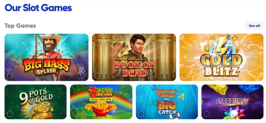 Selection of top slot games at MrQ including Big Bass Splash, Book of Dead, Starburst, and Fishin' Frenzy