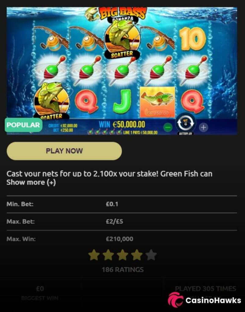 An online casino slot review card for Pragmatic Play's Big Bass Bonanza featuring a gameplay screenshot displaying an underwater reel set with scatter fish symbols, fishing rods, float bobbers, and a WIN €50,000.00 notification. A green "POPULAR" tag overlays the screenshot above a gold "PLAY NOW" button. Below, game specification fields list Min. Bet: £0.1, Max. Bet: £2/£5 (reflecting UK online slot stake limit caps), Max. Win: £210,000 (2,100x stake), and a 4.5/5 star rating based on 186 RATINGS.