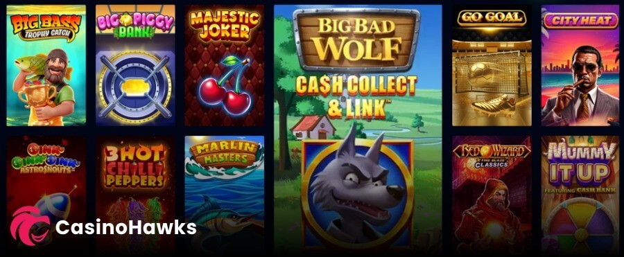 An online casino games lobby grid showcasing popular video slot tiles on a dark menu background. The layout features a large, double-height central card for Quickspin/Playtech's Big Bad Wolf Cash Collect & Link displaying a cartoon wolf character over a countryside background. Surrounding slot game cards include Big Bass Trophy Catch, Big Piggy Bank, Majestic Joker (featuring cherries), Go Goal (with a golden football boot and net), City Heat (with a sunset backdrop), Oink Oink Oink Astrosnouts, 3 Hot Chilli Peppers, Marlin Masters, Red Wizard Fire Blaze Classics, and Mummy It Up Featuring Cash Bank. A white "CasinoHawks" affiliate logo watermark is visible in the bottom left corner.