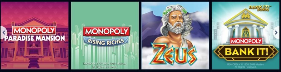 A row of popular online slot games for the UK market, featuring Monopoly Paradise Mansion, Monopoly Rising Riches, Zeus, and Monopoly Bank It!. The interface highlights a mix of branded Hasbro slots and classic mythological themes, showcasing the diversity of exclusive and high-performing titles available for real money play.