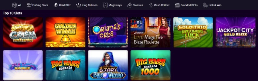 An online casino game lobby section displaying a "Top 10 Slots" grid under a category navigation bar featuring options like "Fishing Slots", "Gold Blitz", "King Millions", "Megaways", "Classics", "Cash Collect", "Branded Slots", and "Link & Win". The slot grid includes prominent game tiles for Gold Cash Free Spins, Golden Winner, Oriana's Orbs, Mega Fire Blaze Roulette Live, Gold Trio Leprechaun's Luck Race Bonanza, Jackpot City Gold Blitz, Fluffy Favourites Cash Collect, Big Bass Bonanza, Fire Blaze Classics Blue Wizard, and Big Bass Bonanza 1000.