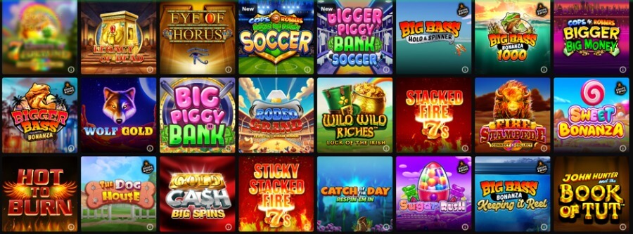 An online casino video slots lobby section showcasing 24 game thumbnails across three rows on a dark interface. Top row features 7 Charms of Fortune, Legacy of Dead, Eye of Horus, Cops 'n' Robbers Bigger Big Money Soccer, Bigger Piggy Bank Soccer, Big Bass Hold & Spinner, Big Bass Bonanza 1000 (with Pragmatic Play Drops & Wins tag), and Cops 'n' Robbers Bigger Big Money. Middle row displays Bigger Bass Bonanza, Wolf Gold, Big Piggy Bank, Rodeo Grand, Wild Wild Riches Luck of the Irish, Stacked Fire 7s, Fire Stampede, and Sweet Bonanza. Bottom row highlights Hot to Burn, The Dog House, Gold Cash Big Spins, Sticky Stacked Fire 7s, Catch of the Day Respin 'Em In, Sugar Rush, Big Bass Bonanza Keeping it Reel, and John Hunter and the Book of Tut.