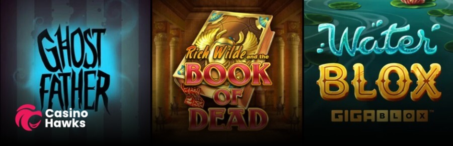 A horizontal online casino slot game trio banner featuring three side-by-side slot game logo tiles. The left tile shows Peter & Sons' Ghost Father slot with spooky black typography on a glowing blue background alongside the Casino Hawks pink lion logo. The middle tile showcases Play'n GO's Rich Wilde and the Book of Dead displaying a golden winged scarab book inside an Egyptian tomb. The right tile features Yggdrasil's Water Blox Gigablox against a lily pad water backdrop with golden block lettering.