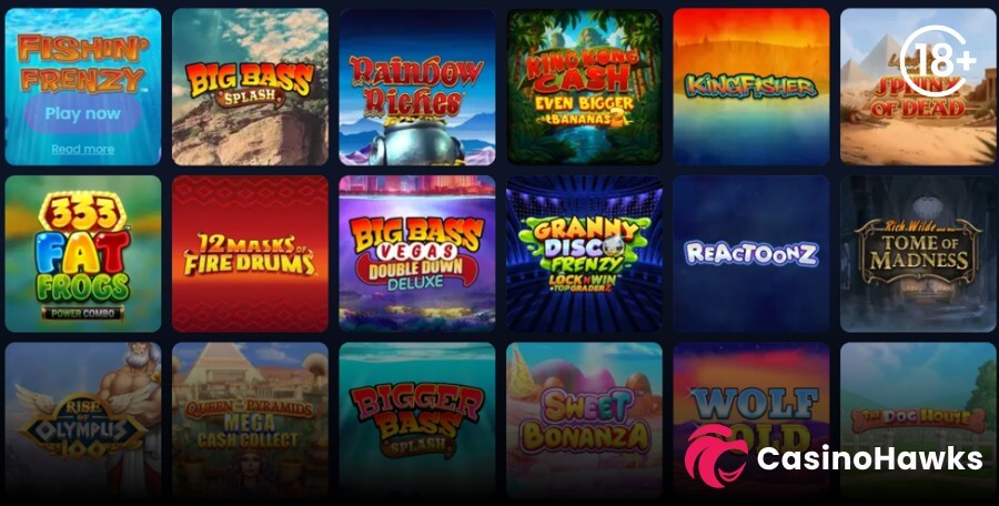 A 3x6 online slot game lobby grid displaying 18 thumbnail tiles on a dark background. Top row features Blueprint Gaming's Fishin' Frenzy with a blue "Play now" button, Pragmatic Play's Big Bass Splash, Light & Wonder's Rainbow Riches, King Kong Cash Even Bigger Bananas 2, Kingfisher, and Legacy of Dead beneath an 18+ age verification badge. Middle row displays 333 Fat Frogs Power Combo, 12 Masks of Fire Drums, Big Bass Vegas Double Down Deluxe, Granny Disco Frenzy Lock 'N' Win, Play'n GO's Reactoonz, and Rich Wilde and the Tome of Madness. Bottom row showcases Rise of Olympus 100, Queen of the Pyramids Mega Cash Collect, Bigger Bass Splash, Sweet Bonanza, Wolf Gold, and The Dog House, alongside the Casino Hawks pink lion co-branding logo.