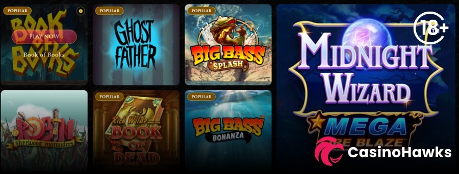 A dark online casino lobby slot section displaying a large featured title on the right and six square game tiles on the left. The prominent right banner showcases Playtech's Midnight Wizard Mega Fireblaze featuring a glowing orb, beneath an 18+ age verification badge and beside the Casino Hawks pink lion co-branding logo. The left grid features Book of Books with a red "PLAY NOW" hover button, Peter & Sons' Ghost Father, Pragmatic Play's Big Bass Splash, Robin Sherwood Marauders, Play'n GO's Rich Wilde and the Book of Dead, and Big Bass Bonanza, with gold "POPULAR" tags on top titles.