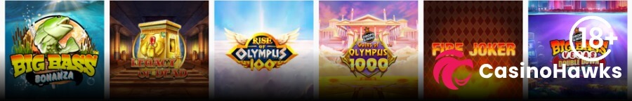 A horizontal row of six popular online video slot game thumbnail cards set against a dark lobby background. From left to right: Pragmatic Play's Big Bass Bonanza featuring a leaping bass fish, Play'n GO's Legacy of Dead depicting an ancient Egyptian tomb, Play'n GO's Rise of Olympus 100 with a winged emblem under a blue sky, Pragmatic Play's Gates of Olympus 1000 showcasing Mount Olympus temple graphics with a Drops & Wins badge, Play'n GO's Fire Joker on a dark patterned background, and Pragmatic Play's Big Bass Vegas Double Down Deluxe. An 18+ age restriction badge rests in the top right corner, and the Casino Hawks pink lion co-branding logo sits across the bottom right section.