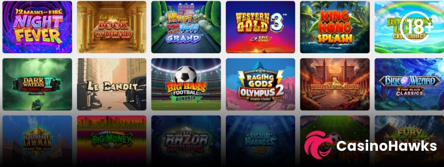 A 3x6 online video slot game lobby grid displaying eighteen slot thumbnail cards against a clean dark background. Top row features 12 Masks of Fire Night Fever, Play'n GO's Rich Wilde Book of Dead, Huff n' Even More Puff Grand, Western Gold 3 Epic Strike, King Kong Splash, and Leprechaun's Cash Collect beneath an 18+ age verification badge in the top right. Middle row displays Dark Waters Power Combo, Hacksaw Gaming's Le Bandit, Pragmatic Play's Big Bass Football Bonanza, Raging Gods Olympus 2 Power Combo, Throne of Dead, and Playtech's Blue Wizard Fire Blaze Classics. Bottom row features Legendary Lawman, Cops 'n' Robbers Big Money, Push Gaming's Razor Returns, Fishin' Madness, and Fury of Anubis, with the Casino Hawks pink lion co-branding logo in the bottom right corner.