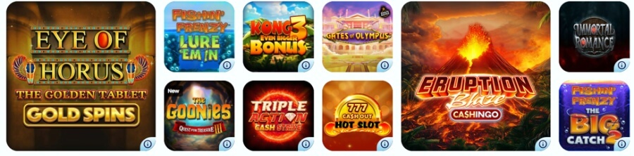 An online casino lobby grid displaying ten video slot game thumbnails arranged across two rows on a white background. On the far left is a large square tile for Blueprint's Eye of Horus: The Golden Tablet Gold Spins. The middle grid features Fishin' Frenzy Lure 'Em In, Return of Kong 3: Even Bigger Bonus, Gates of Olympus 1000 with a Drops & Wins badge, The Goonies: Quest for Treasure with a "New" tag, Triple Action Cash Strike, and 777 Cash Out Hot Slot. On the right, a large featured tile showcases Eruption Blaze Cashingo next to standard tiles for Immortal Romance and Fishin' Frenzy: The Big Catch 2.