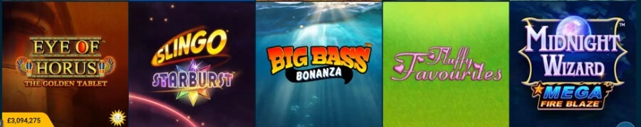 An online casino game lobby selection row featuring five top slot tiles set against distinct backgrounds. From left to right: Blueprint Gaming's Eye of Horus The Golden Tablet with an ancient Egyptian temple theme and a gold jackpot tag reading £3,094,275; the hybrid crossover game Slingo Starburst featuring a glowing colorful star; Pragmatic Play's iconic fishing slot Big Bass Bonanza set underwater; Eyecon's classic UK slot Fluffy Favourites on a bright green backdrop; and Playtech's Midnight Wizard Mega Fire Blaze on a dark starry night background.