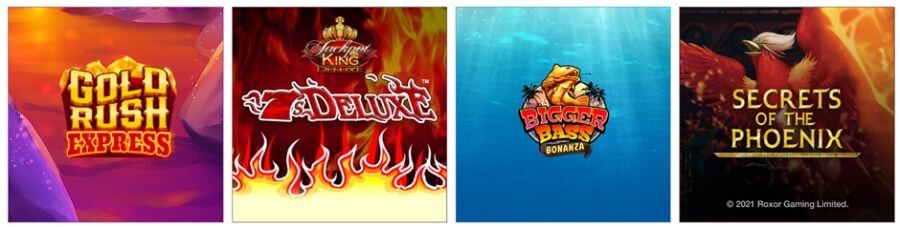 A row of popular online slot games for the UK market, featuring Gold Rush Express, 7s Deluxe Jackpot King, Bigger Bass Bonanza, and Secrets of the Phoenix. The interface highlights a mix of high-volatility video slots and progressive jackpot titles from providers like Blueprint Gaming and Pragmatic Play, targeting search intent for "best real money slots" and "Jackpot King games."