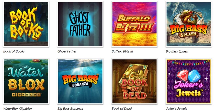 An online casino slot lobby selection grid set on a white background displaying eight game tiles with text labels underneath. The top row features Peter & Sons' Book of Books, Peter & Sons' Ghost Father, Playtech's Buffalo Blitz III over a golden plain, and Pragmatic Play's Big Bass Splash showing a bass jumping out of the water. The bottom row showcases Peter & Sons' WaterBlox Gigablox, Pragmatic Play's Big Bass Bonanza underwater, Play'n GO's Rich Wilde and the Book of Dead set in an Egyptian tomb, and Pragmatic Play's Joker's Jewels with glowing red and blue gems.