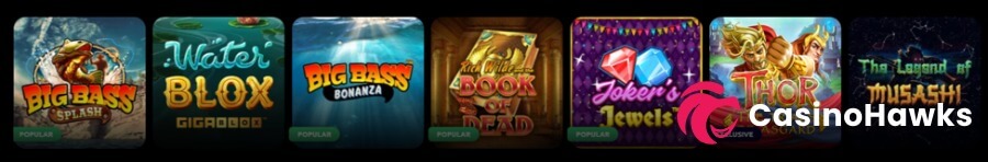 An online casino slot game selection row set on a black background featuring seven rounded game tiles. From left to right: Pragmatic Play's Big Bass Splash with a green "POPULAR" tag; Peter & Sons' WaterBlox Gigablox; Pragmatic Play's Big Bass Bonanza with a "POPULAR" badge; Play'n GO's Rich Wilde and the Book of Dead tagged "POPULAR"; Pragmatic Play's Joker's Jewels tagged "POPULAR"; Pragmatic Play's Thor The Trials of Asgard with a dark blue "EXCLUSIVE" badge; and Peter & Sons' The Legend of Musashi. Includes a CasinoHawks watermark across the right side.