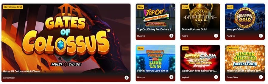 A grid of the latest online slots for the UK market, featuring Gates of Colossus MultiChase, Top Cat Dining for Dollars Jackpot King, Divine Fortune Gold, and Fishin' Frenzy Lure 'Em In. The interface highlights "New" and "Exclusive" titles from providers like Blueprint and Games Global, targeting search intent for "new UK slot releases," "Jackpot King games," and "best Fishin' Frenzy variants."