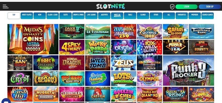 Slotnite online casino games lobby showcasing the "Top" category grid. Featured titles include Punk Rocker 2, Midas Dynasty Coins Ultra Link & Win, Big Bass Trophy Catch, and Gates of Olympus Roulette. This targets search intent for "best online slots UK," "Link & Win casino games," and "Nolimit City slot reviews."