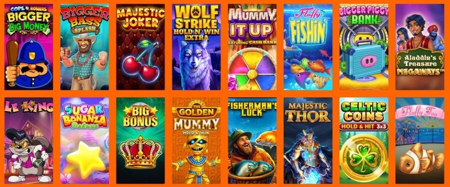 A grid of real money online slot games for the UK market. Featured titles include Bigger Bass Splash, Cops 'n' Robbers Bigger Big Money, Aladdin's Treasure Megaways, Wolf Strike Hold and Win Extra, and Fluffy Favourites variants like Fluffy Too. This targets search intent for "best Megaways slots UK," "play Bigger Bass Splash online," and "Pragmatic Play slot sites."