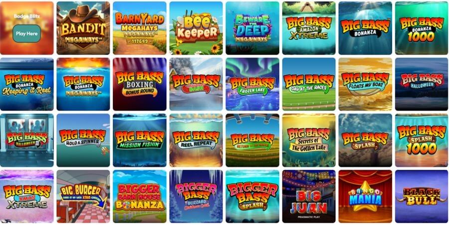 An expansive digital casino game lobby grid featuring 32 colorful slot game tiles organized in a four-row layout. The grid highlights an extensive collection of Pragmatic Play/Reel Kingdom angling slots, starting with a blurred "Badge Blitz" card with a "Play Here" button. Featured titles include Bandit Megaways, Barnyard Megaways, Bee Keeper, Beware the Deep Megaways, Big Bass Amazon Xtreme, Big Bass Bonanza, Big Bass Bonanza 1000, Big Bass Keeping it Reel, Big Bass Bonanza Megaways, Big Bass Boxing Bonus Round, Big Bass Christmas Bash, Big Bass Secrets of the Golden Lake, Big Bass Splash, Big Bass Splash 1000, Bigger Bass Blizzard, and Bigger Bass Splash, ending with non-angling titles like Big Juan, Bingo Mania, and Black Bull.