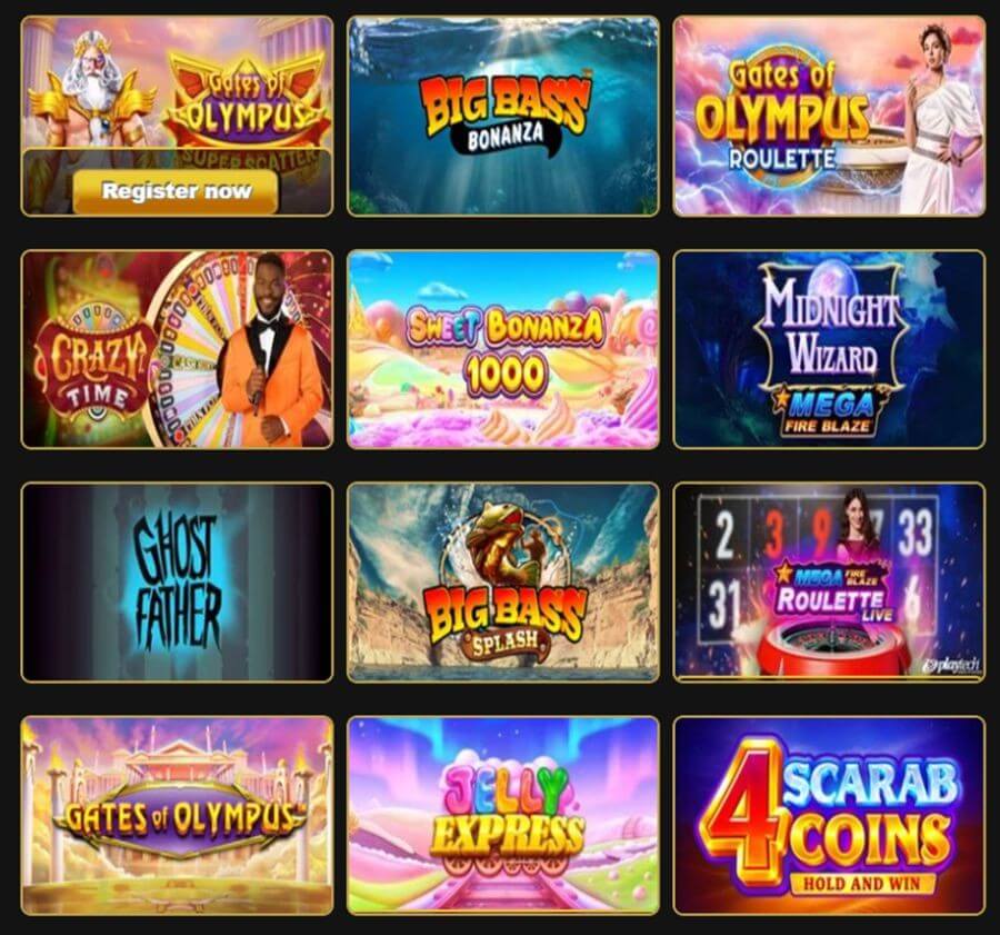 Online casino game selection featuring Big Bass Splash, Gates of Olympus Roulette, Midnight Wizard Mega Fire Blaze, and Mega Fire Blaze Roulette Live.