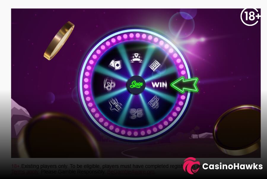 A glowing purple promotional casino graphic featuring a neon prize wheel with white illuminated bulb borders. The center hub reads green script "Spin" with a neon green arrow pointing to a segment labeled "WIN". The wheel segments display casino icons including playing cards, trophies, triple 7s, tickets, coins, and roulette wheels, with floating gold coins surrounding the display. An 18+ age verification badge sits in the top right corner, dark compliance footer text cites 18+ Existing players only | Terms apply | Please Gamble Responsibly | BeGambleAware.org, and the Casino Hawks pink lion co-branding logo rests in the bottom right corner.