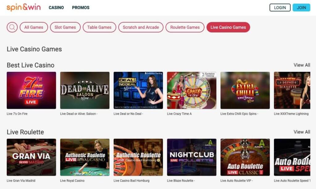Spin and Win live casino