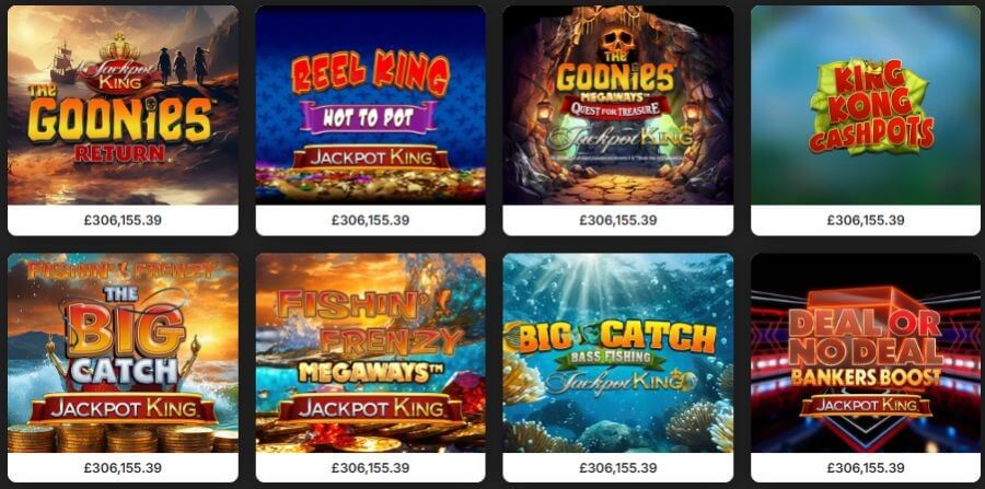 An eight-tile progressive jackpot slot game grid under the Jackpot King network on the Spin and Win casino interface. Every game card displays a synchronized live progressive jackpot total of £306,155.39. Featured titles include Blueprint Gaming's The Goonies Return Jackpot King, Reel King Hot to Pot Jackpot King, The Goonies Megaways: Quest for Treasure Jackpot King, King Kong Cashpots, Fishin' Frenzy The Big Catch Jackpot King, Fishin' Frenzy Megaways Jackpot King, Big Catch Bass Fishing Jackpot King, and Deal or No Deal Bankers Boost Jackpot King. This targets competitive UK affiliate keywords like "best Jackpot King slots real money," "play Goonies Megaways progressive," and "Spin and Win progressive jackpot trackers."