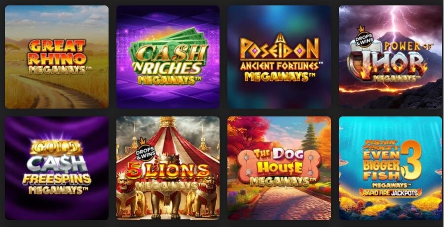 An eight-tile online slot library grid under the Megaways vertical on the Spin and Win casino interface. Featured titles include Pragmatic Play's Great Rhino Megaways, 5 Lions Megaways (featuring a "Drops & Wins" badge), and The Dog House Megaways; Games Global / Triple Edge Studios' Cash 'N Riches Megaways and Ancient Fortunes Poseidon Megaways; Pragmatic's Power of Thor Megaways; Inspired Gaming's Gold Cash Free Spins Megaways; and Blueprint Gaming's Fishin' Frenzy Even Bigger Fish 3 Megaways highlighting a "Rapid Fire Jackpots" banner. This targets highly competitive UK search intent for "best Pragmatic Play Megaways slots," "play Fishin Frenzy Even Bigger Fish online," and "Spin and Win casino slot reviews."