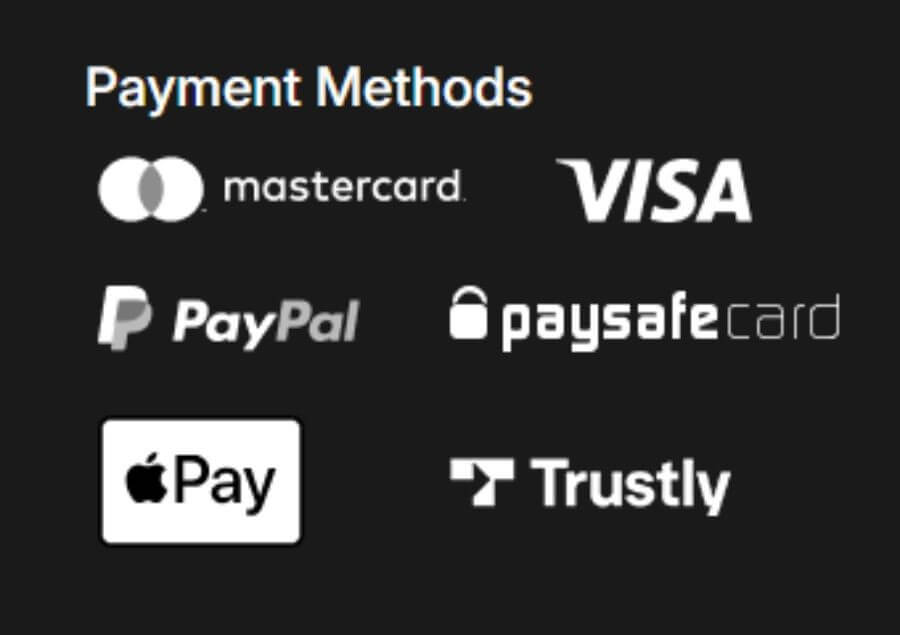 A grid of verified online casino payment method logos displayed on a dark grey background under the heading "Payment Methods". The supported payment options include Mastercard, Visa debit, PayPal, Paysafecard, Apple Pay, and Trustly instant bank transfer. This targets highly competitive, transactional UK user search strings for "Spin and Win fast withdrawal methods," "best PayPal online casinos UK," and "play slots with Apple Pay."