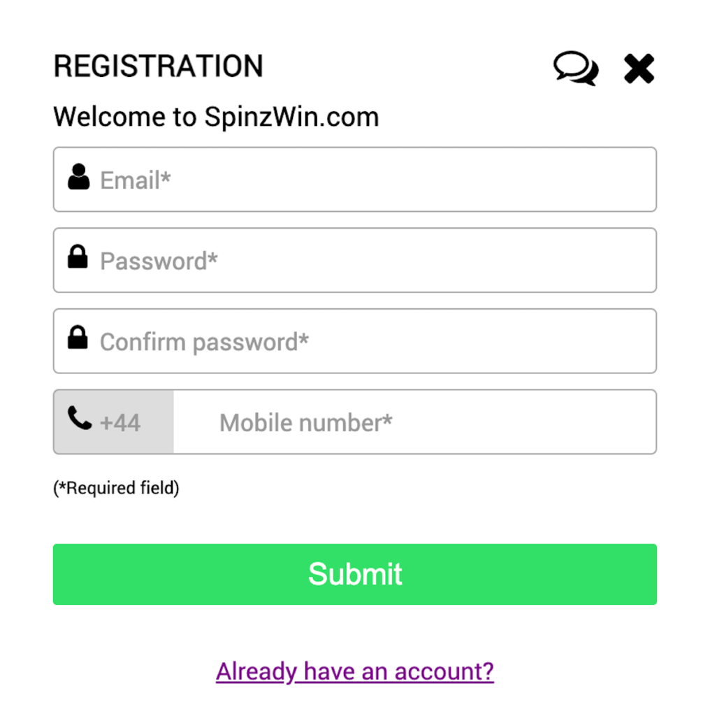 SpinzWin Registration process